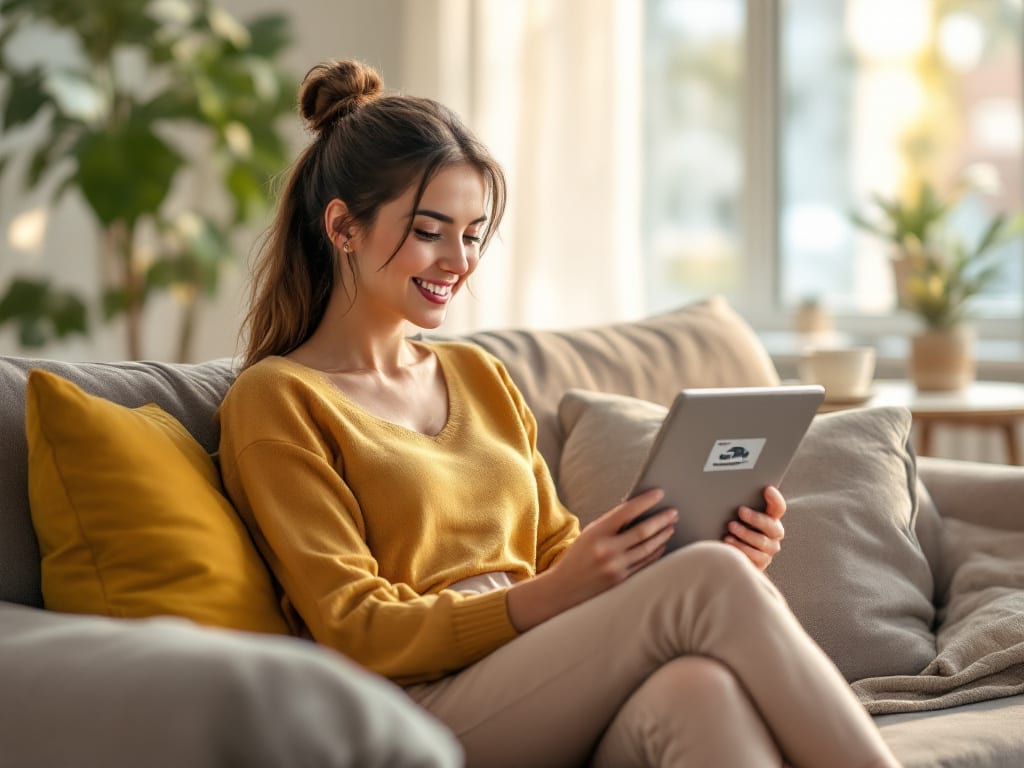 Femme souriante consultant une annonce sur Dénichéo depuis son canapé, avec une interface claire et moderne affichée à l'écran