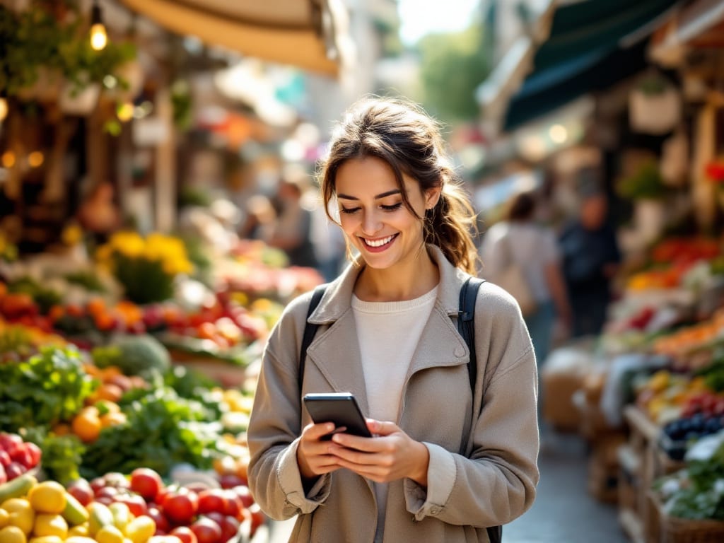 Femme souriante consultant des annonces locales sur son téléphone dans un marché en plein air
